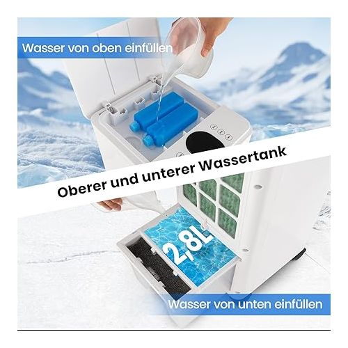  GOPLUS Klimagerat mobil ohne Abluftschlauch, Verdunstungskuhler mit 2 Kuhlakkus & 2,8 L Wassertank, kuhlen & befeuchten & ventilieren, 3 Stufen, Timer, mobile Klimaanlage mit Fernbedienung (Weiß)