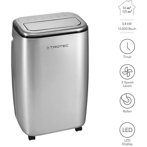  TROTEC Mobile Air Conditioner PAC 3810 S - 3-in-1 Cooling, Ventilation, Dehumidification - 3.8 kW, 13,000 BTU/h, 3 Ventilation Levels, Remote Control, Timer, Post Mode, Silver