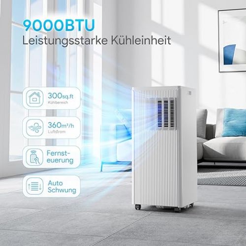  Mobile Air Conditioner, 9000 BTU Air Conditioner, Mobile 2.6 KW, Cooling & Ventilating & Dehumidifying, Room Size up to 85 m³ (34 ㎡), Mobile Air Conditioner with Exhaust Hose with Night Mode,