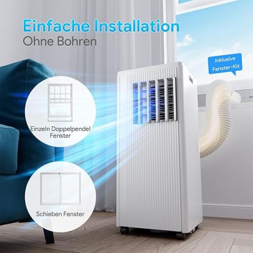  Mobile Air Conditioner, 9000 BTU Air Conditioner, Mobile 2.6 KW, Cooling & Ventilating & Dehumidifying, Room Size up to 85 m³ (34 ㎡), Mobile Air Conditioner with Exhaust Hose with Night Mode,