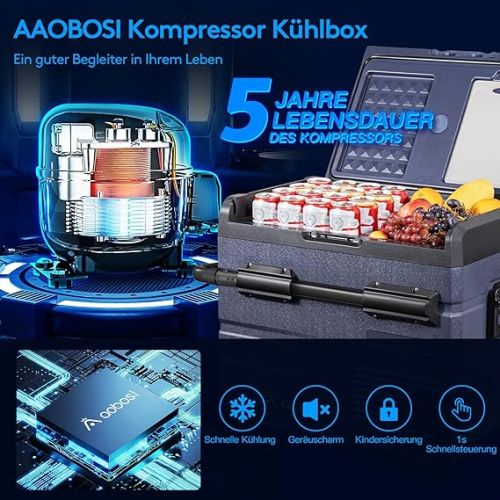  AAOBOSI 45L Kompressor Kuhlbox Dual Zone, Kuhlbox Auto Mit WiFi-APP-Steuerung, LED-Touch-Bedienung, USB-Anschluss, 12/24 V und 100-240 V, bis -20 °C, Kuhlbox Elektrisch fur Auto, Lkw, Boot, Reisemobil