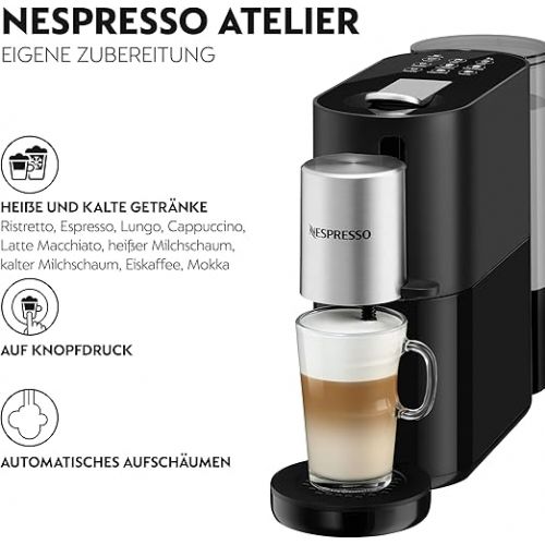  Krups XN8908 Nespresso Atelier Coffee Capsule Machine | Milk Frothing System Directly in the Cup | Hot and Cold Drinks | 1 Litre Water Tank | Includes Nespresso glass cup and capsules, 19 bar pressure, black/silver.