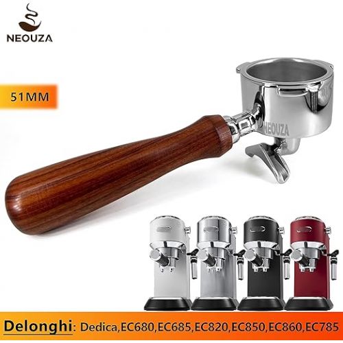  NEOUZA Espresso Filter Filter 51mm Compatible with DeLonghi Dedica EC680 EC685 Smeg Coffee Maker, Pressureless Basket, Double Spouts (3 Ears), Silver and Wood