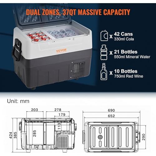  VEVOR Car Refrigerator 35L Compressor Portable Electric Camping Refrigerator with Wheels Dual Zone 0.6kW.h -20°C to 10°C Adjustable Thermal Fridge for Car Truck Boat