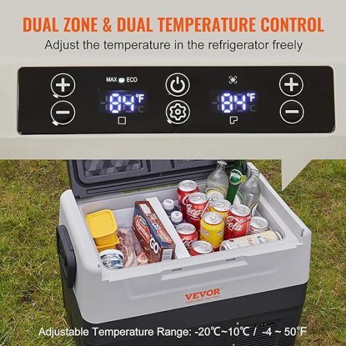  VEVOR Car Refrigerator 35L Compressor Portable Electric Camping Refrigerator with Wheels Dual Zone 0.6kW.h -20°C to 10°C Adjustable Thermal Fridge for Car Truck Boat