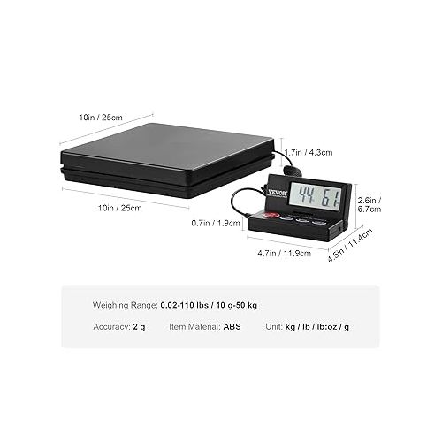  VEVOR Platform Scales 10g-50kg Parcel Scales 2g Accuracy Digital Scales kg/lbs/lbs:oz/g Counting Scales 250 x 250 x 43 mm ABS Housing Tare / Hold Functions AC/DC Power Supply Industrial Scales Letter