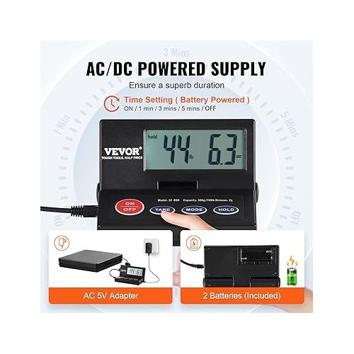  VEVOR Platform Scales 10g-50kg Parcel Scales 2g Accuracy Digital Scales kg/lbs/lbs:oz/g Counting Scales 250 x 250 x 43 mm ABS Housing Tare / Hold Functions AC/DC Power Supply Industrial Scales Letter