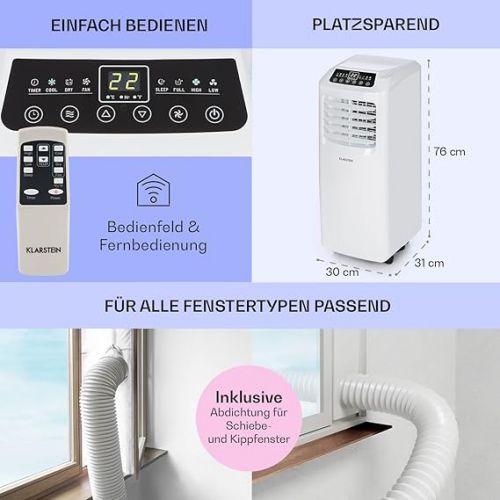  Klarstein Mobile Air Conditioner with Exhaust Hose, 3-in-1 Air Conditioner with Fan & Dehumidifier, Small & Portable for Home & Office, Night Mode, 7000 BTU AC with Low Consumption