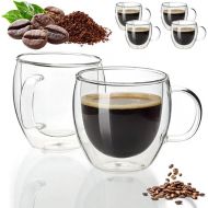 kumini Set of 4 Espresso Glasses, Espresso Set Double-Walled with Handle 80 ml, Espresso Cups, Transparent, Mock Cups, Espresso Glasses with Handle, Borosilicate Glass