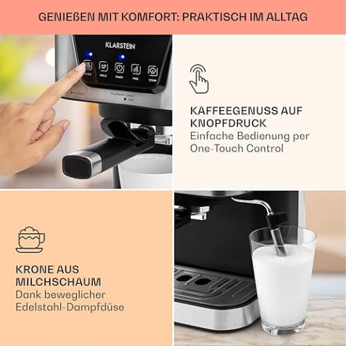  Klarstein 1.5 L Portafilter Machine for 2 Cups of Coffee, Mini Espresso Machine with Milk Frother, 15 Bar Portafilter Coffee Machine, Small, Good Espresso Coffee Machine, Stainless Steel Espresso