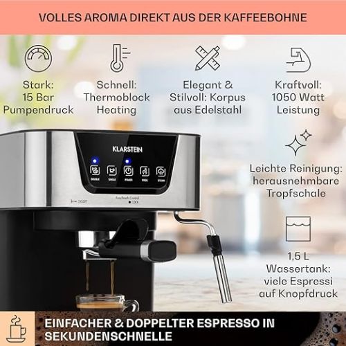  Klarstein 1.5 L Portafilter Machine for 2 Cups of Coffee, Mini Espresso Machine with Milk Frother, 15 Bar Portafilter Coffee Machine, Small, Good Espresso Coffee Machine, Stainless Steel Espresso