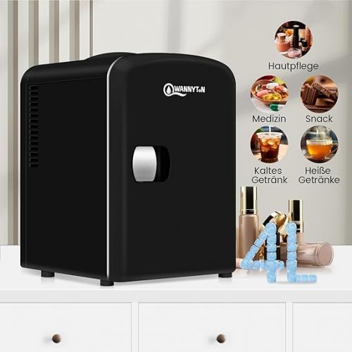  WANNYTON Mini Fridge 4L, Mini Cool Box with Cooling/Heat Function, Portable Cosmetic Fridge, Car Cool Box AC 220-240V DC 12V, for Car, Camping, Office, Bedroom (Black)