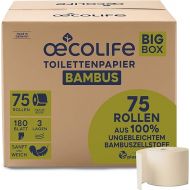 oecolife Bamboo Toilet Paper Box, 3-Ply, 75 Rolls of 180 Sheets, Bulk Pack, Super Soft, Plastic-Free Packaging, Vegan, Sustainable Toilet Paper