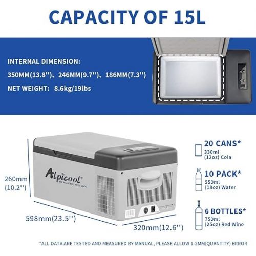  Alpicool C15 Cool Box 12 V Mini Fridge Electric Camping Freezer Box Small Portable for Car, Truck, Boat, RV with USB Connection.