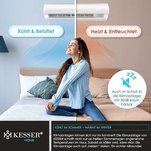  KESSER® Split Air Conditioning Set with WiFi / App Function - Cooling A++ + / Heating A+, Refrigerant R32, LCD Display, Remote Control and Timer Function, Includes Complete Mounting Material