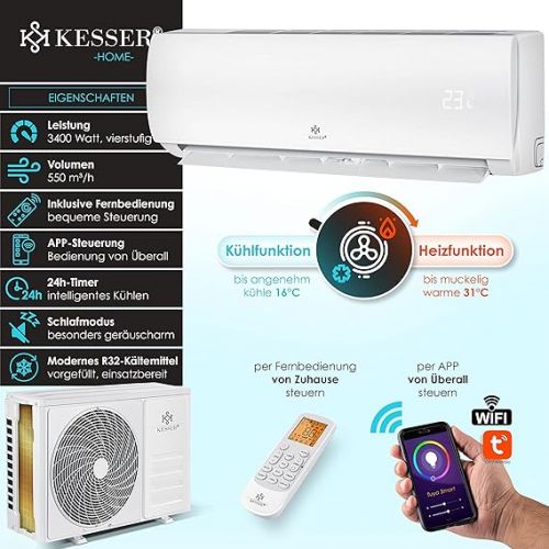  KESSER® Split Air Conditioning Set with WiFi / App Function - Cooling A++ + / Heating A+, Refrigerant R32, LCD Display, Remote Control and Timer Function, Includes Complete Mounting Material