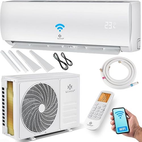  KESSER® Split Air Conditioning Set with WiFi / App Function - Cooling A++ + / Heating A+, Refrigerant R32, LCD Display, Remote Control and Timer Function, Includes Complete Mounting Material