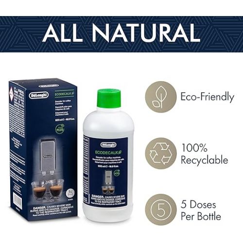  De'Longhi Original EcoDecalk DLSC500 Descaler for Coffee Machines and Fully Automatic Coffee Machines, Universal Limescale Remover for 5 Descaling Operations, Contains Natural Raw Materials of Organic Origin, 500 ml