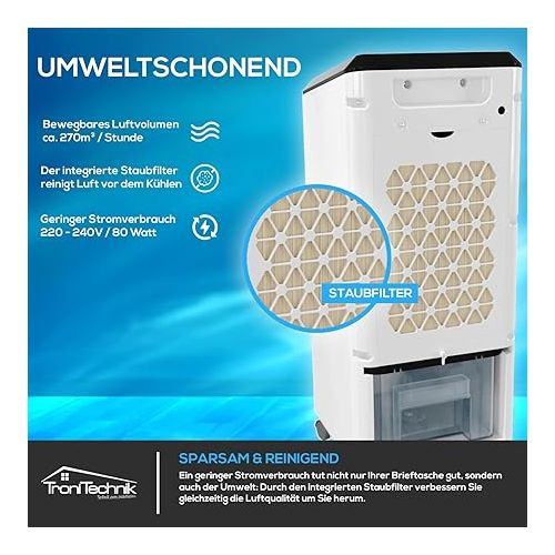 TroniTechnik® LK03 Air Conditioner without Exhaust Hose, 3-in-1 Air Cooler, Humidifier & Night Mode, Mobile Air Conditioner with Water Cooling, Air Cooler 80 Watt, Air Flow 270 m/h
