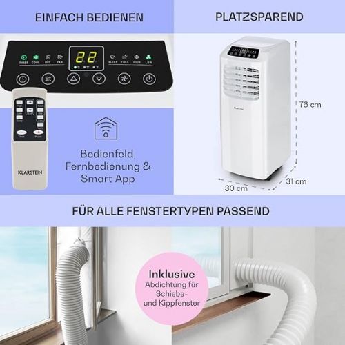  Klarstein Mobile Air Conditioner with Exhaust Hose, 3-in-1 Air Conditioner with Fan & Dehumidifier, Small & Portable Air Conditioner for Home & Office, with Night Mode & App Control, 7000 BTU