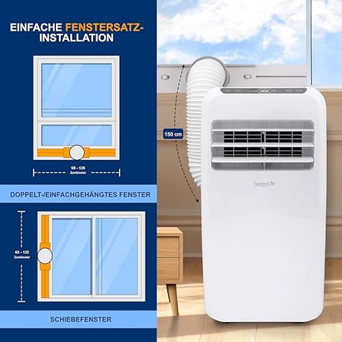  SereneLife Mobile Air Conditioning 9,000 BTU 4-in-1 Air Cooler, Fan, Dehumidifier + Heater - Portable Air Conditioner with Exhaust Hose Kit for Rooms up to 42 m² - Remote Control, Window Mounting