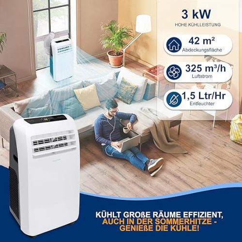  SereneLife Mobile Air Conditioning 9,000 BTU 4-in-1 Air Cooler, Fan, Dehumidifier + Heater - Portable Air Conditioner with Exhaust Hose Kit for Rooms up to 42 m² - Remote Control, Window Mounting