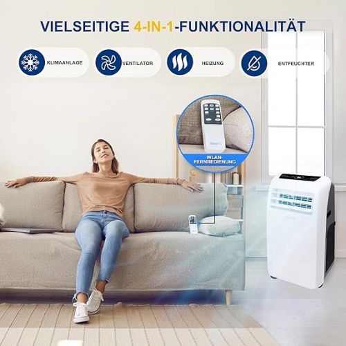  SereneLife Mobile Air Conditioning 9,000 BTU 4-in-1 Air Cooler, Fan, Dehumidifier + Heater - Portable Air Conditioner with Exhaust Hose Kit for Rooms up to 42 m² - Remote Control, Window Mounting