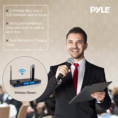  .PYLE UHF Wireless Microphone System with (2) Handheld Mics, Dual Rechargeable Dock, 16-Channel Selectable Frequency, LCD Display, Rack Mountable
