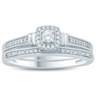15 Carat TW Diamond Halo Engagement Ring and Matching Wedding Band Set in 10K White Gold by Marquee