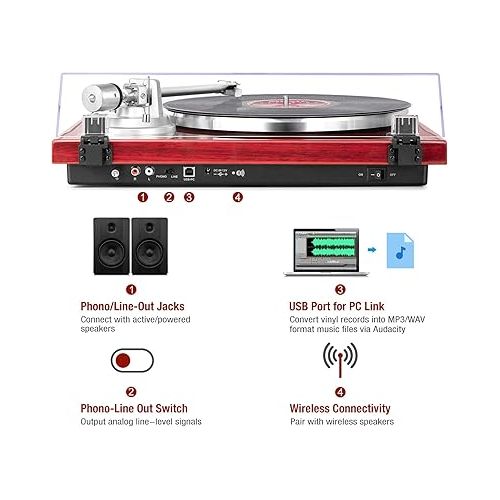  1 by ONE Belt Drive Turntable with Bluetooth Connectivity, Built-in Phono Pre-amp, USB Digital Output Vinyl Stereo Record Player with Magnetic Cartridge, 33 or 45 RPM