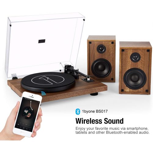  [아마존 핫딜] [아마존핫딜]1 BY ONE 1byone Wireless Turntable Hi-Fi System with 36 Watt Bookshelf Speakers, Vinyl Record Player with Magnetic Cartridge