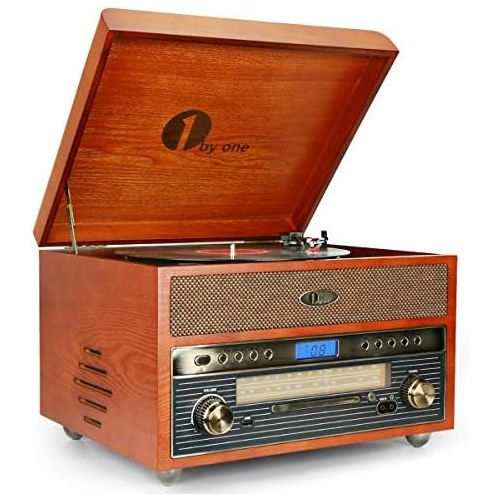  [아마존베스트]1byone Nostalgic Wooden Turntable Wireless Vinyl Record Player with AM, FM, CD, MP3 Recording to USB, AUX Input for Smartphone and Tablets, RCA Output