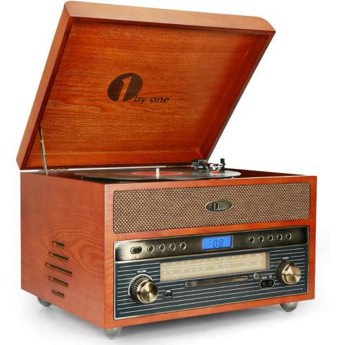  [아마존베스트]1byone Nostalgic Wooden Turntable Wireless Vinyl Record Player with AM, FM, CD, MP3 Recording to USB, AUX Input for Smartphone and Tablets, RCA Output