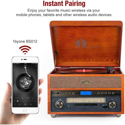  [아마존베스트]1byone Nostalgic Wooden Turntable Wireless Vinyl Record Player with AM, FM, CD, MP3 Recording to USB, AUX Input for Smartphone and Tablets, RCA Output