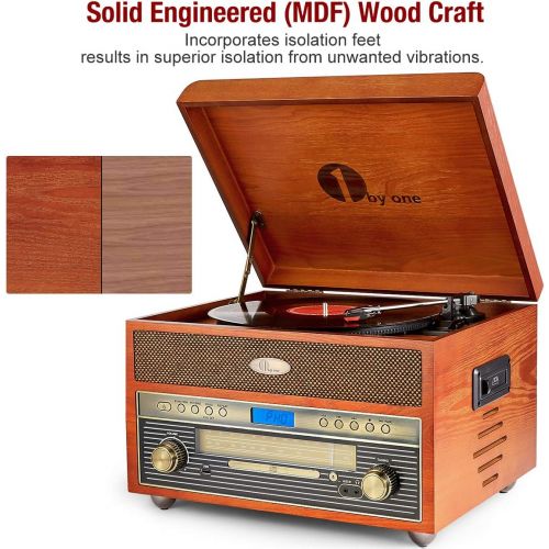  [아마존베스트]1byone Nostalgic Wooden Turntable Wireless Vinyl Record Player with AM, FM, CD, MP3 Recording to USB, AUX Input for Smartphone and Tablets, RCA Output