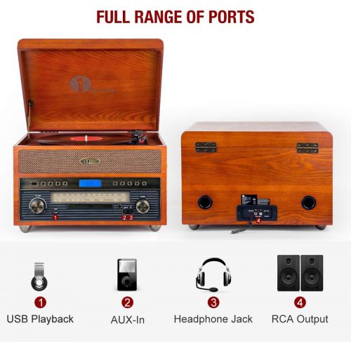  [아마존베스트]1byone Nostalgic Wooden Turntable Wireless Vinyl Record Player with AM, FM, CD, MP3 Recording to USB, AUX Input for Smartphone and Tablets, RCA Output