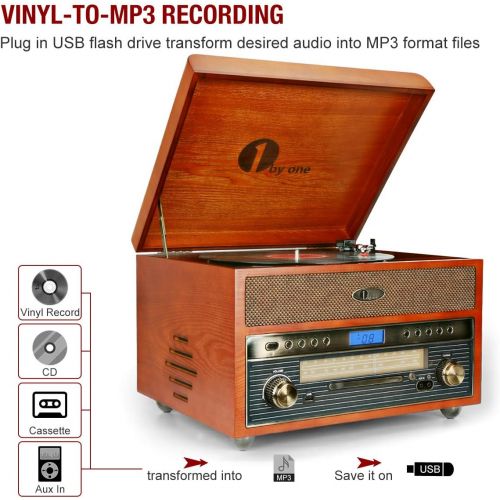  [아마존베스트]1byone Nostalgic Wooden Turntable Wireless Vinyl Record Player with AM, FM, CD, MP3 Recording to USB, AUX Input for Smartphone and Tablets, RCA Output