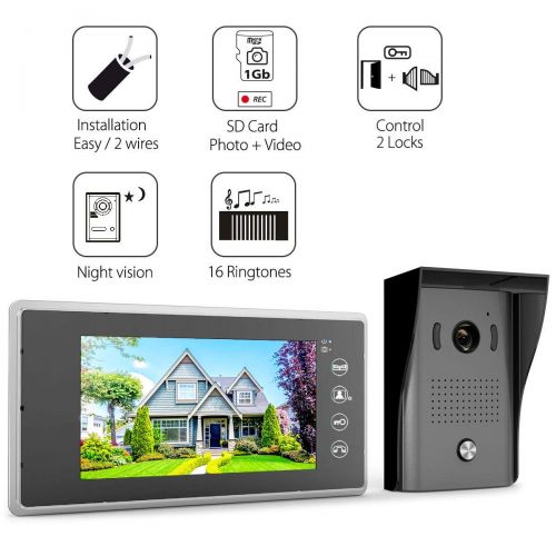  1 BY ONE 1byone Video Door Phone Intercom System Doorbell Kit, 2-Wire Easy Installation, Control 2 Locks, 1 Night Vision HD Camera and 2 7-inch Color Monitors, 16 Chimes and SD Card Storage