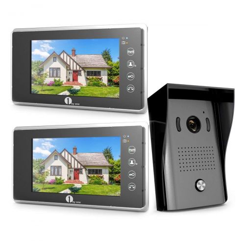 1 BY ONE 1byone Video Door Phone Intercom System Doorbell Kit, 2-Wire Easy Installation, Control 2 Locks, 1 Night Vision HD Camera and 2 7-inch Color Monitors, 16 Chimes and SD Card Storage