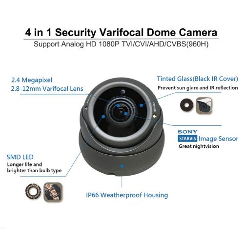  101 Audio Video Inc. (8 Pack) 101AV Security Dome Camera 1080P True Full-HD 4 IN 1(TVI, AHD, CVI, CVBS) 2.8-12mm Variable Focus Lens SONY 2.4Megapixel STARVIS Image Sensor IR InOutdoor WDR OSD Camera