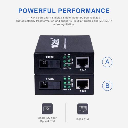  10Gtek Gigabit Ethernet Media Converter, a Pair of Bi-Directional Single Mode SC Fiber Converter, 1000Base-LX to 101001000Base-Tx, up to 20km