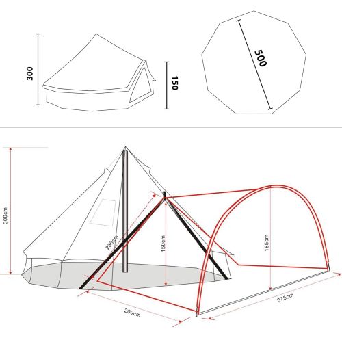  10T Outdoor Equipment 10T Camping-Zelt Desert 10+ wasserdichtes Familienzelt Tipi aus Baumwoll-Mischgewebe + Sonnendach