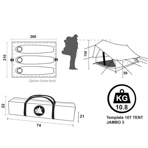  10T Outdoor Equipment 10T Camping-Zelt Jambo 3 Hauszelt mit Schlafbereich fuer 3 Personen Outdoor Familienzelt aus Baumwolle (Mischgewebe 35/65), Hauszelt Idianerzelt mit Wohnraum, eingenaehte Bodenwanne,