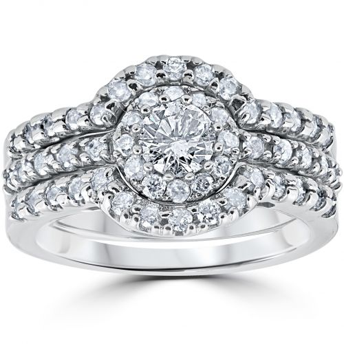  10k White Gold 1 110Ct Round Cut Diamond Trio Halo Engagement Guard Wedding Ring Set by Bliss