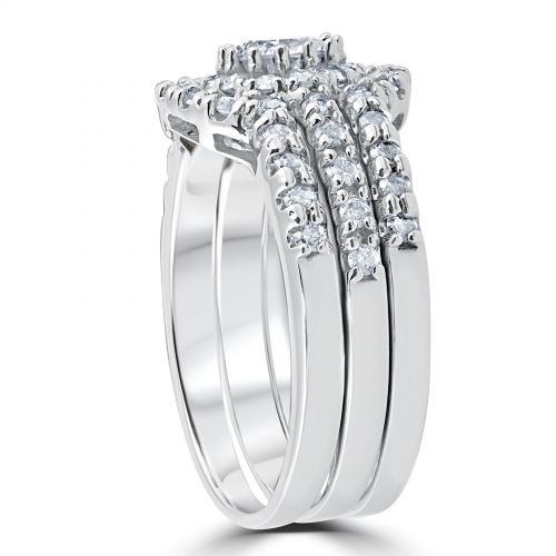  10k White Gold 1 110Ct Round Cut Diamond Trio Halo Engagement Guard Wedding Ring Set by Bliss