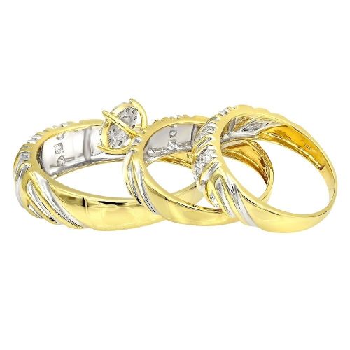  10kt Gold Bridal Set Diamond Engagement Ring, His & Her Wedding Bands by Luxurman