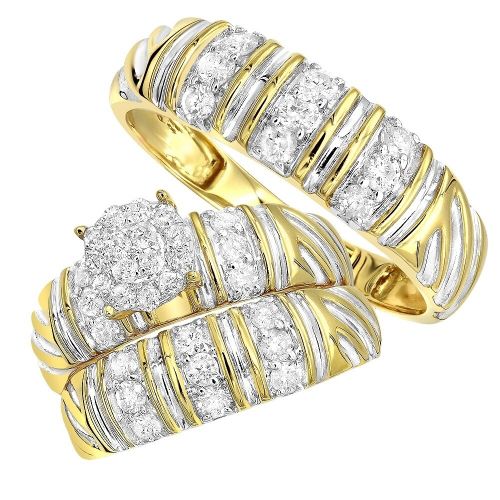  10kt Gold Bridal Set Diamond Engagement Ring, His & Her Wedding Bands by Luxurman