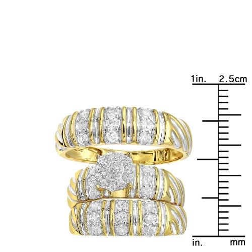  10kt Gold Bridal Set Diamond Engagement Ring, His & Her Wedding Bands by Luxurman