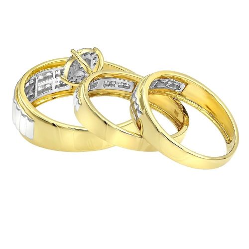  10kt Gold Diamond Engagement Ring & Wedding Bands Set for His & Hers by Luxurman