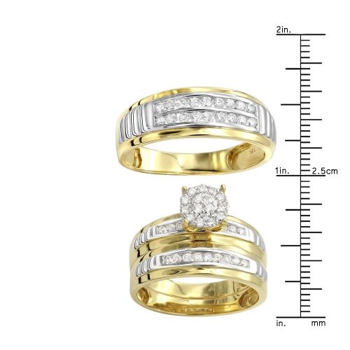  10kt Gold Diamond Engagement Ring & Wedding Bands Set for His & Hers by Luxurman